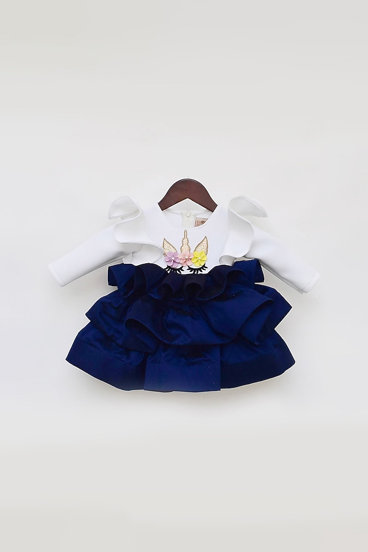 Off White & Dark Blue Silk Layered Dress For Girls by Fayon Kids at Pernia's Pop Up Shop