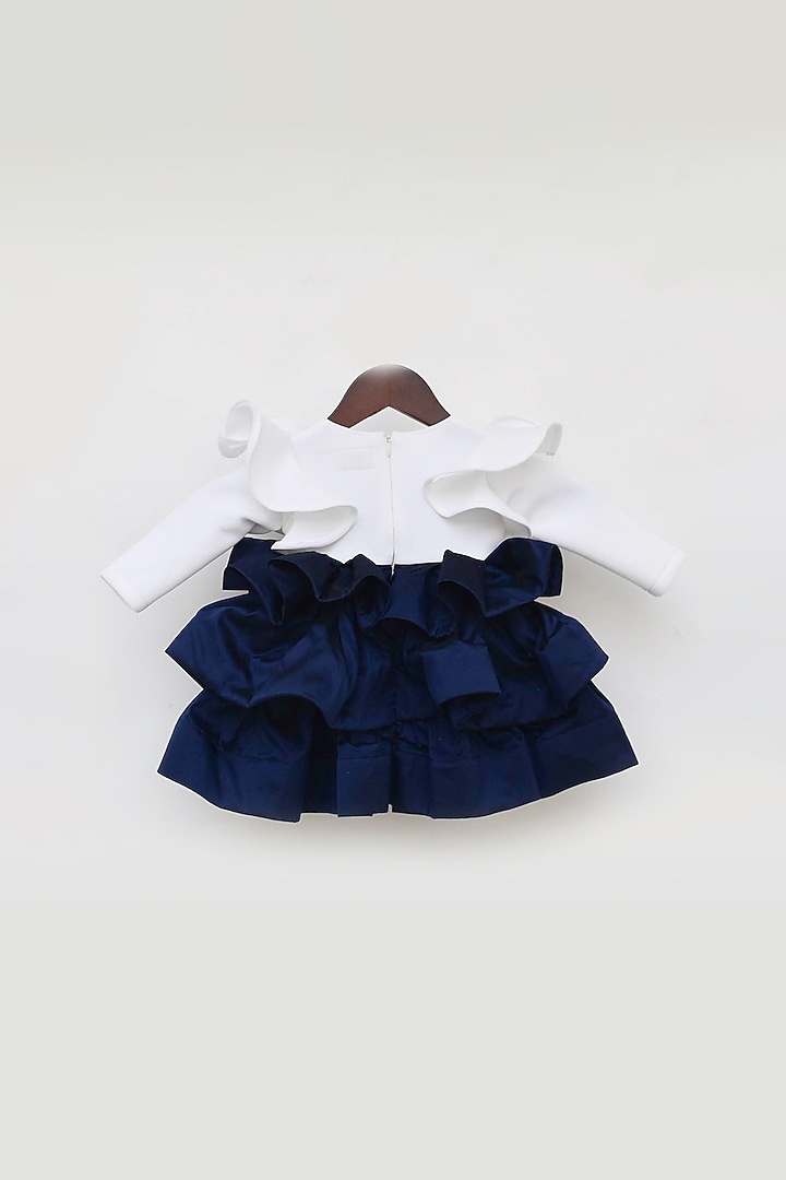 Off White & Dark Blue Silk Layered Dress For Girls by Fayon Kids at Pernia's Pop Up Shop