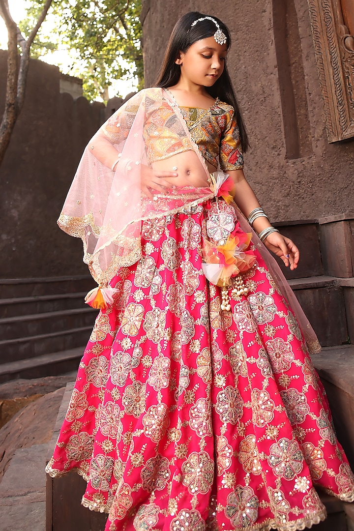 Pink Georgette Hand Embroidered Lehenga Set For Girls by Fayon Kids at Pernia's Pop Up Shop