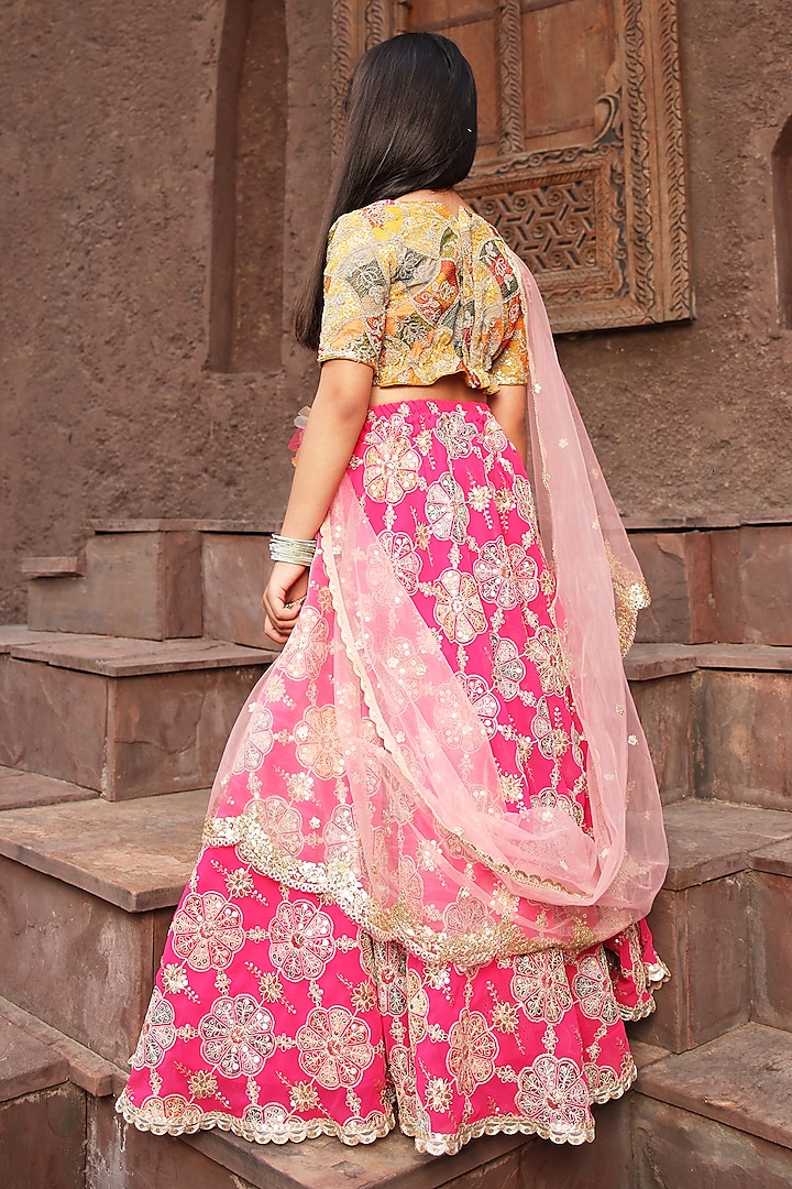Pink Georgette Hand Embroidered Lehenga Set For Girls by Fayon Kids at Pernia's Pop Up Shop