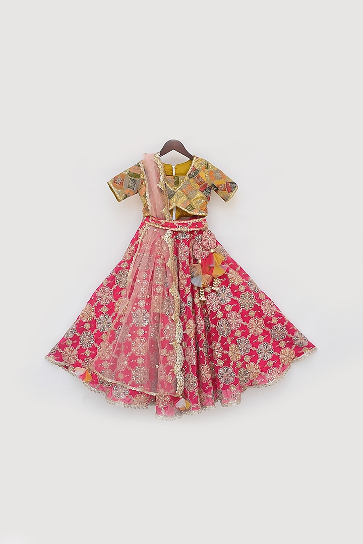 Pink Georgette Hand Embroidered Lehenga Set For Girls by Fayon Kids at Pernia's Pop Up Shop