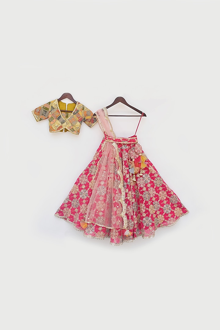 Pink Georgette Hand Embroidered Lehenga Set For Girls by Fayon Kids at Pernia's Pop Up Shop