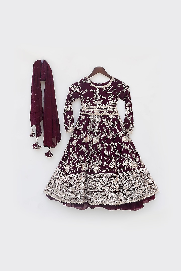 Burgundy Georgette Embroidered Anarkali Set For Girls by Fayon Kids at Pernia's Pop Up Shop