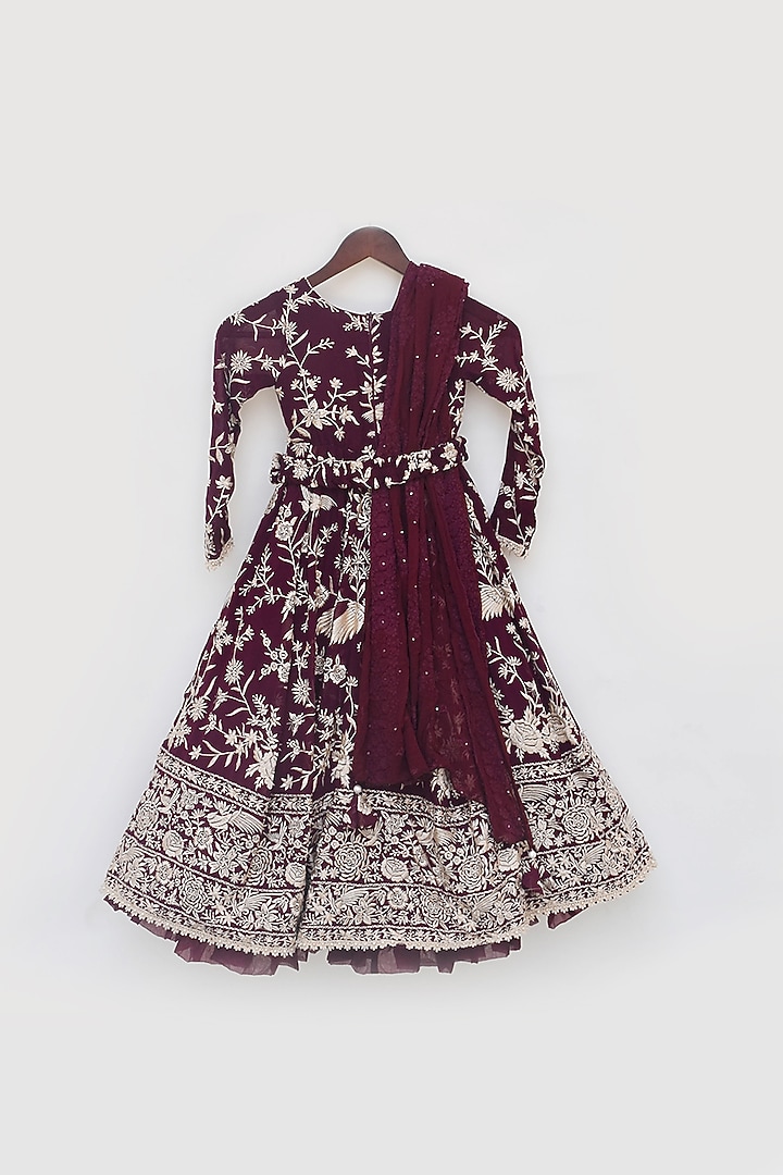 Burgundy Georgette Embroidered Anarkali Set For Girls by Fayon Kids at Pernia's Pop Up Shop