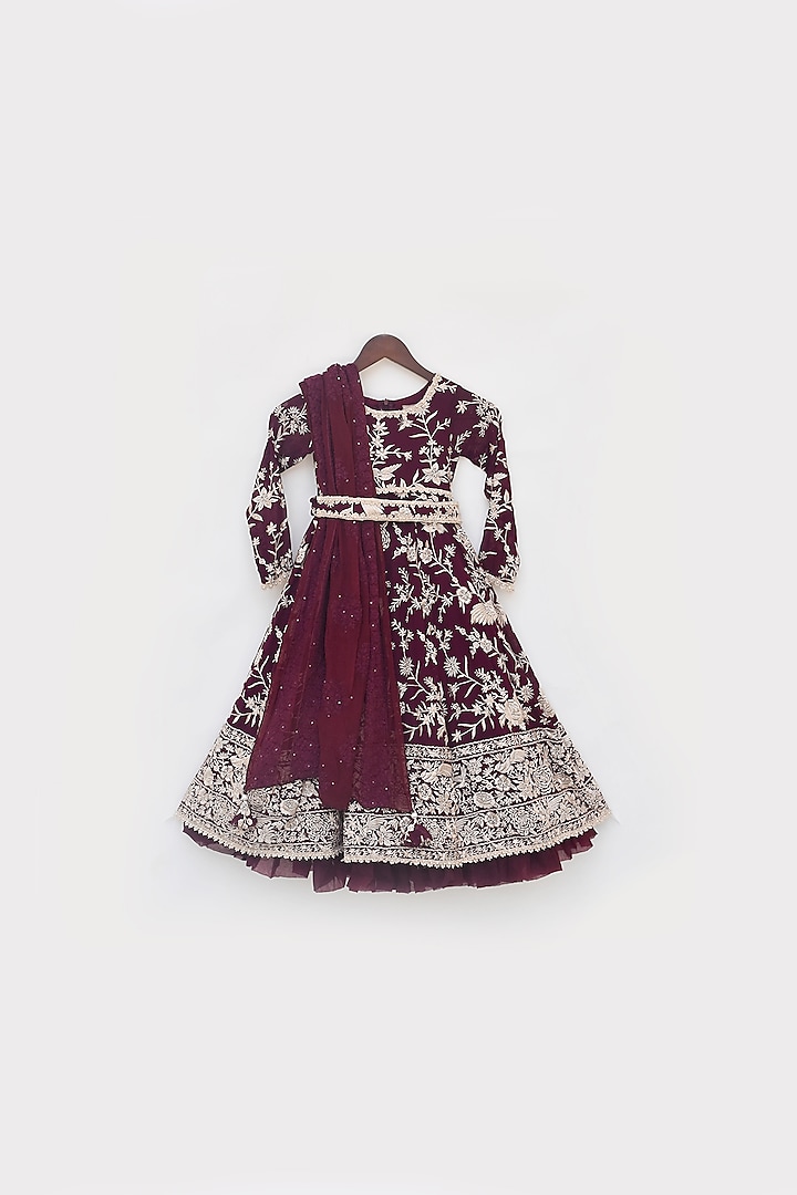 Burgundy Georgette Embroidered Anarkali Set For Girls by Fayon Kids at Pernia's Pop Up Shop