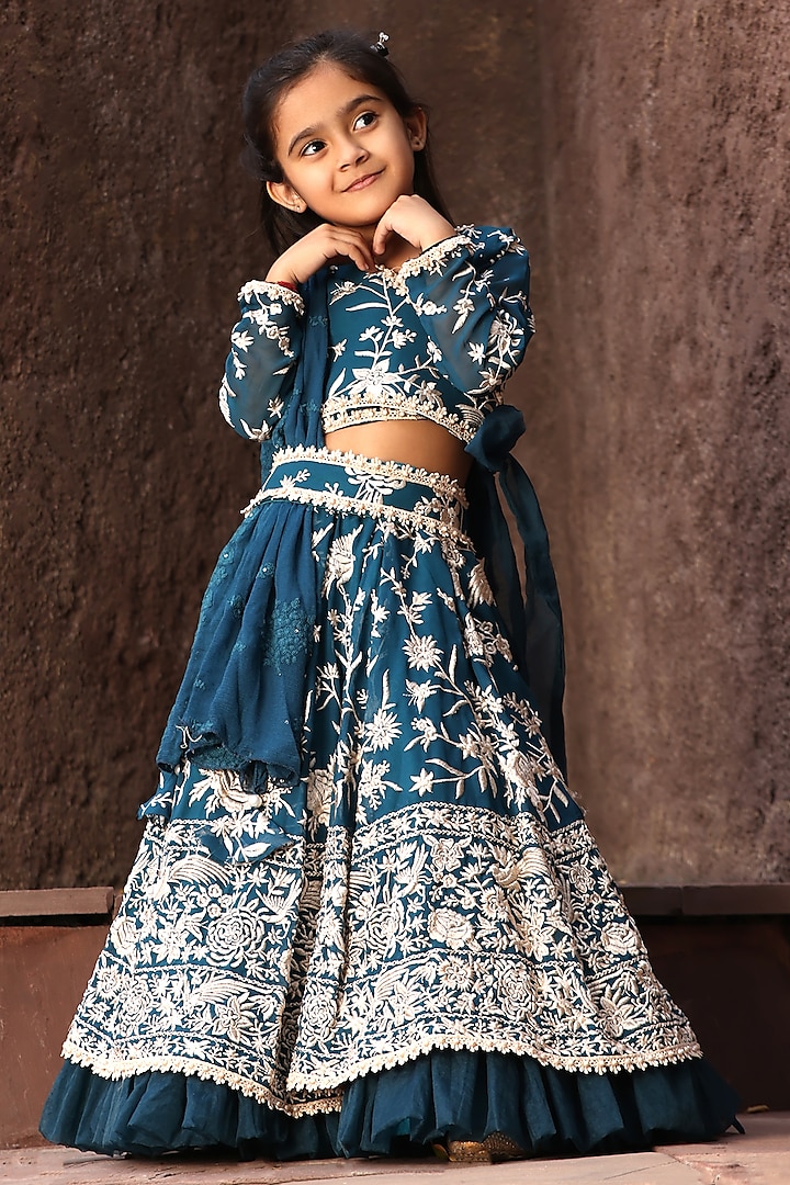 Teal Blue Georgette Embroidered Lehenga Set For Girls by Fayon Kids at Pernia's Pop Up Shop