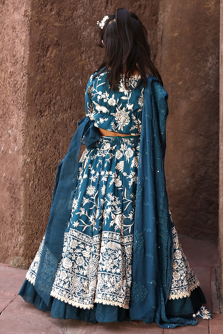 Teal Blue Georgette Embroidered Lehenga Set For Girls by Fayon Kids at Pernia's Pop Up Shop