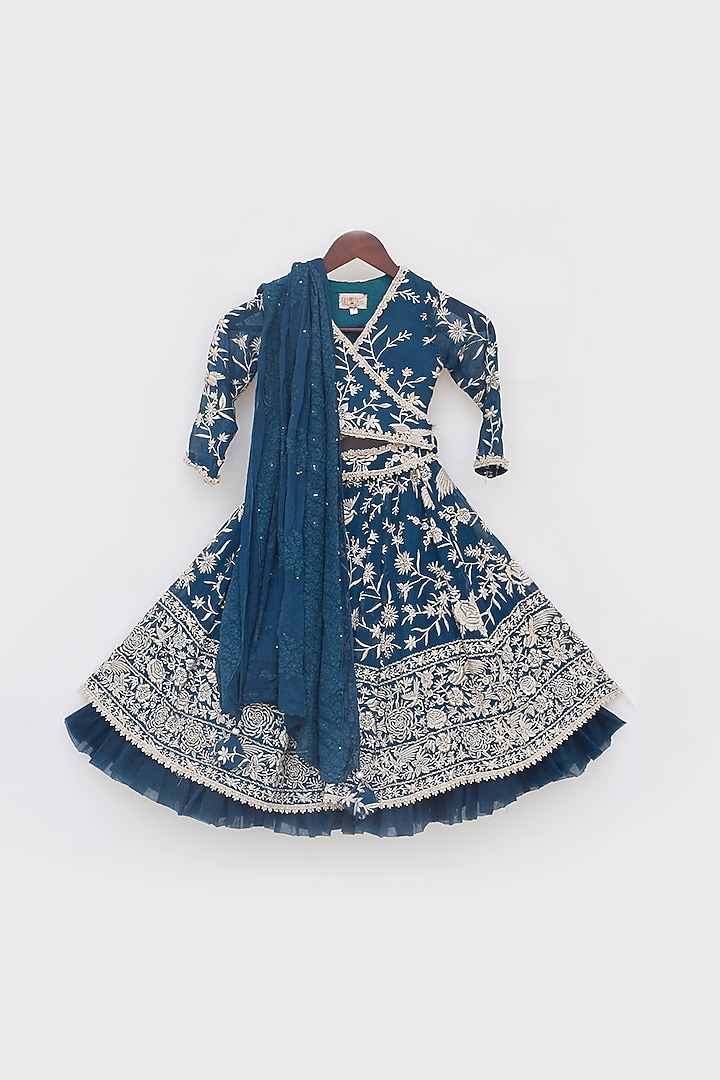 Teal Blue Georgette Embroidered Lehenga Set For Girls by Fayon Kids at Pernia's Pop Up Shop