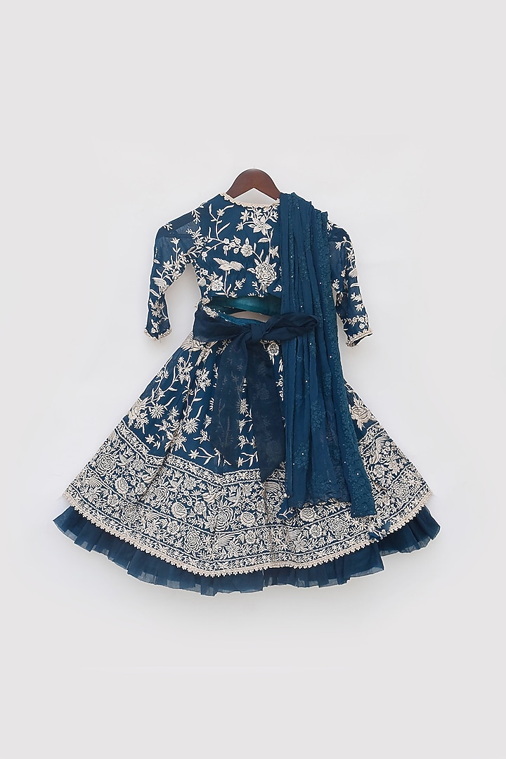 Teal Blue Georgette Embroidered Lehenga Set For Girls by Fayon Kids at Pernia's Pop Up Shop