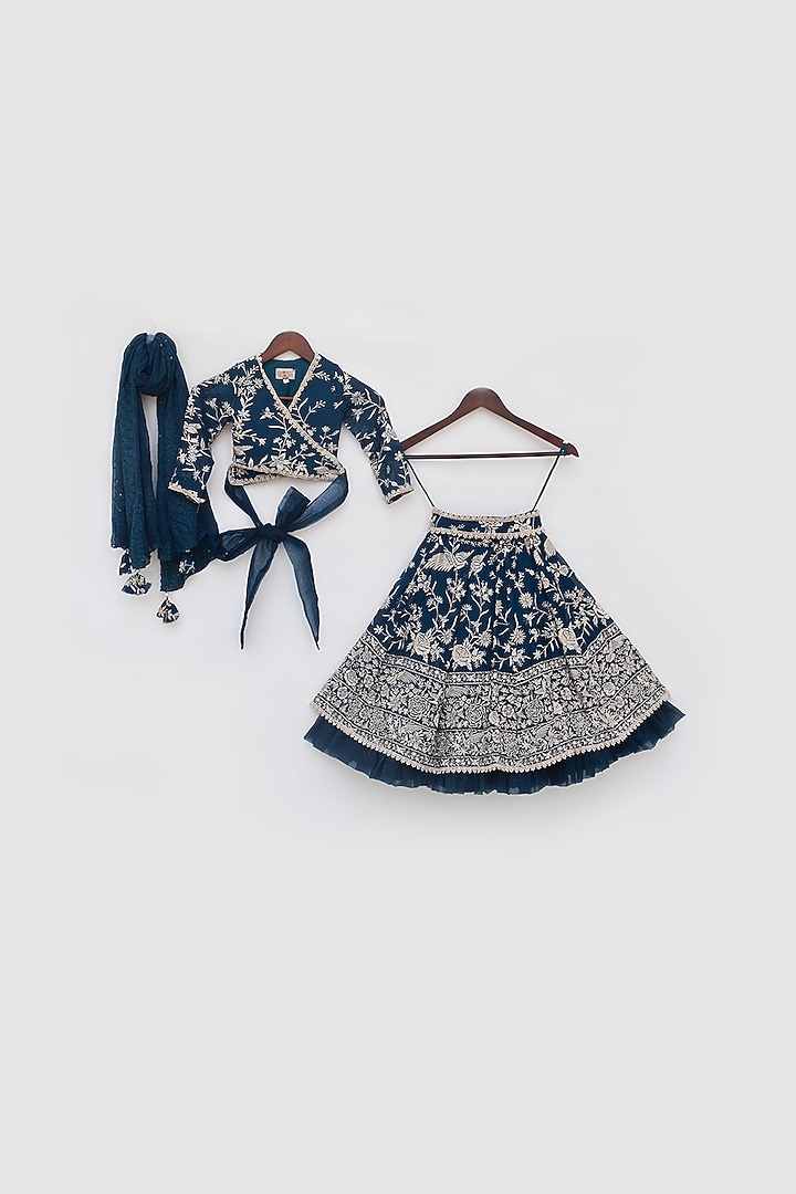 Teal Blue Georgette Embroidered Lehenga Set For Girls by Fayon Kids at Pernia's Pop Up Shop