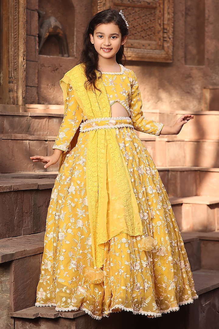 Yellow Georgette Embroidered Lehenga Set For Girls by Fayon Kids at Pernia's Pop Up Shop