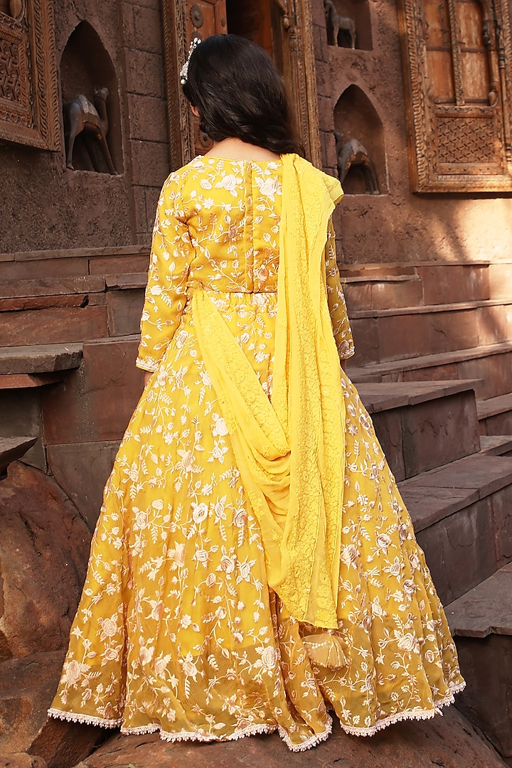 Yellow Georgette Embroidered Lehenga Set For Girls by Fayon Kids at Pernia's Pop Up Shop