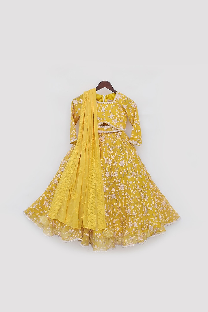 Yellow Georgette Embroidered Lehenga Set For Girls by Fayon Kids at Pernia's Pop Up Shop