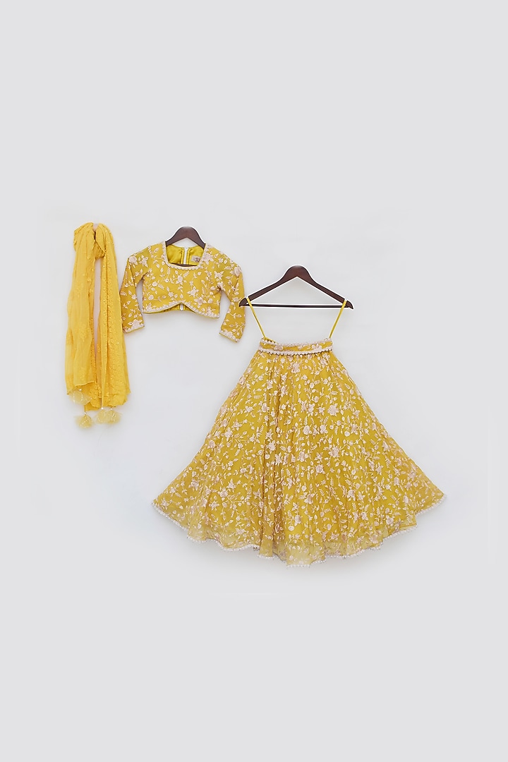 Yellow Georgette Embroidered Lehenga Set For Girls by Fayon Kids at Pernia's Pop Up Shop