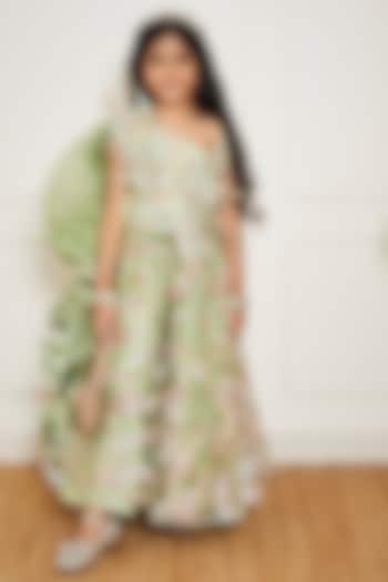 Green Net Embellished One-Shoulder Jumpsuit Set For Girls by Fayon Kids at Pernia's Pop Up Shop