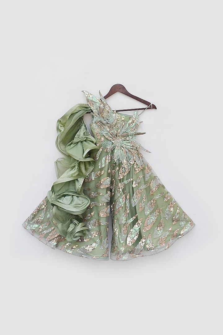 Green Net Embellished One-Shoulder Jumpsuit For Girls by Fayon Kids at Pernia's Pop Up Shop