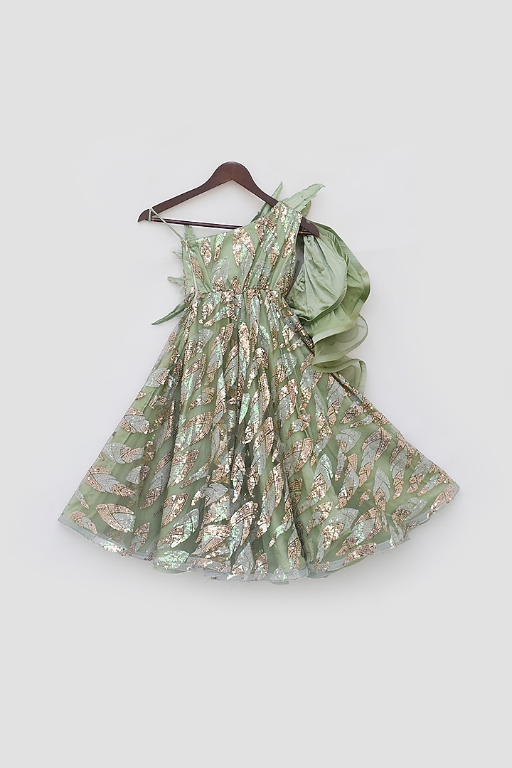 Green Net Embellished One-Shoulder Jumpsuit For Girls by Fayon Kids at Pernia's Pop Up Shop