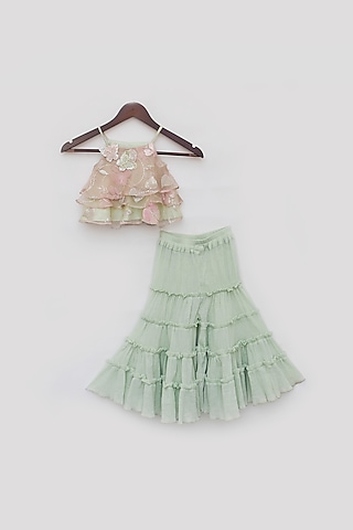 Green Cotton Crinkle Culotte Sharara Set For Girls by Fayon Kids