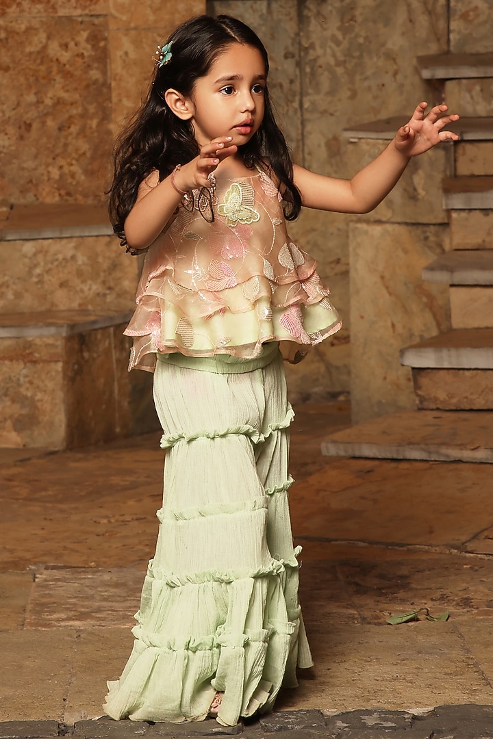 Green Cotton Crinkle Culotte Sharara Set For Girls by Fayon Kids at Pernia's Pop Up Shop
