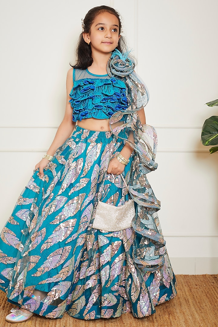 Teal Blue Dupion Embroidered Lehenga Set For Girls by Fayon Kids at Pernia's Pop Up Shop