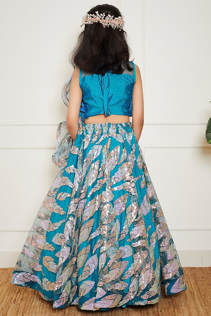 Teal Blue Dupion Embroidered Lehenga Set For Girls by Fayon Kids at Pernia's Pop Up Shop