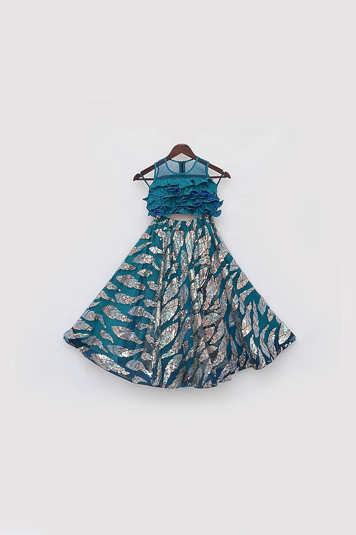 Teal Blue Dupion Embroidered Lehenga Set For Girls by Fayon Kids at Pernia's Pop Up Shop