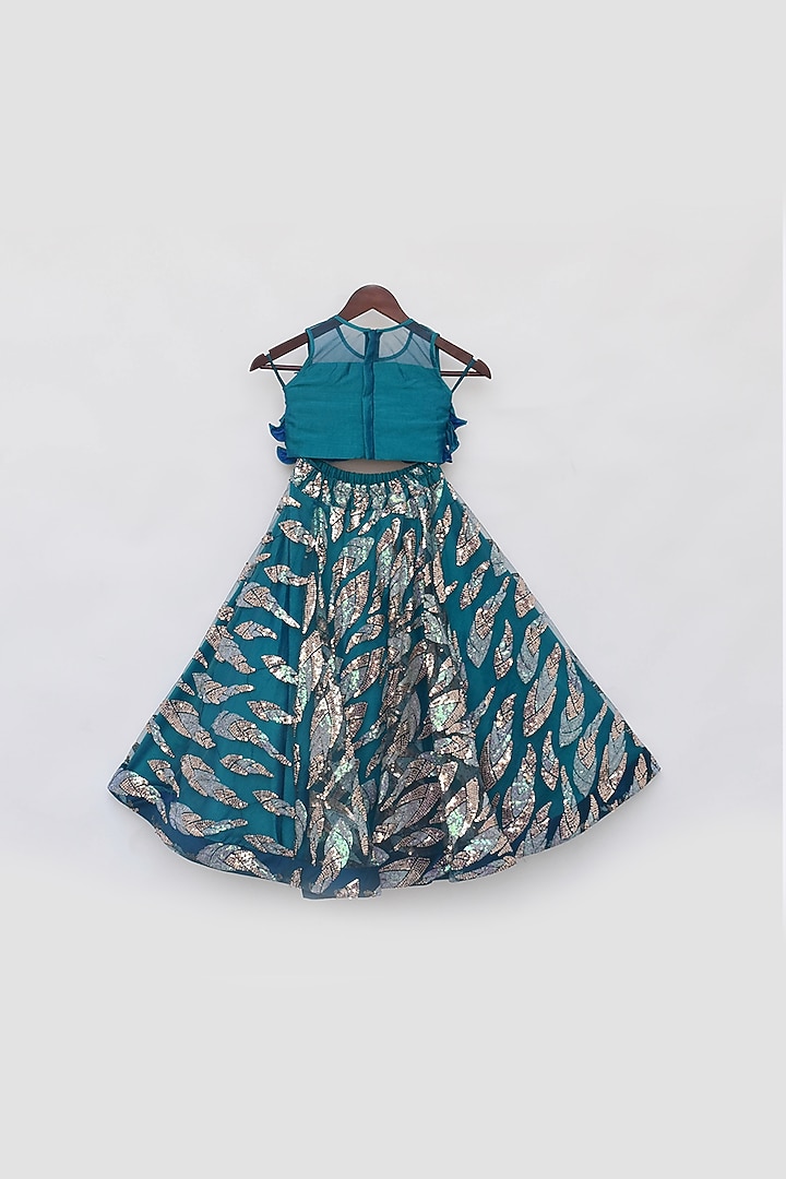 Teal Blue Dupion Embroidered Lehenga Set For Girls by Fayon Kids at Pernia's Pop Up Shop