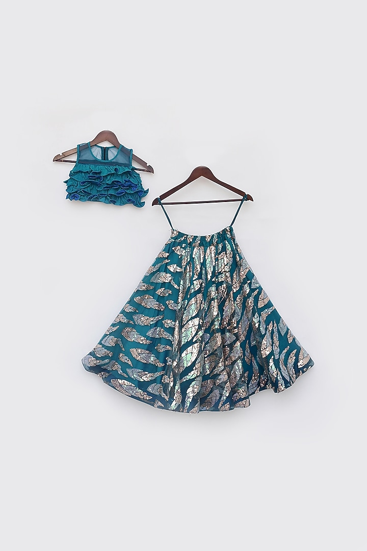 Teal Blue Dupion Embroidered Lehenga Set For Girls by Fayon Kids at Pernia's Pop Up Shop