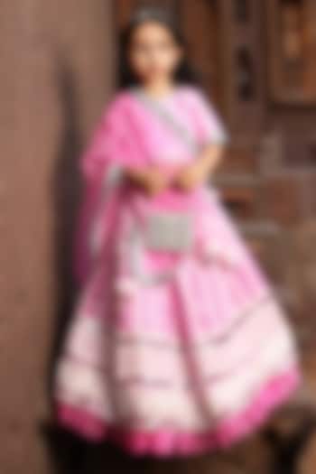 Hot Pink Net Embroidered Frill Lehenga Set For Girls by Fayon Kids at Pernia's Pop Up Shop