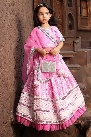 Hot Pink Net Embroidered Frill Lehenga Set For Girls by Fayon Kids