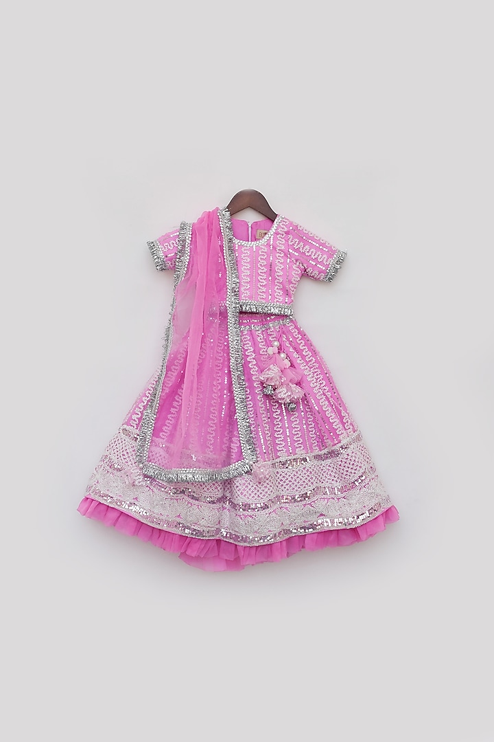 Hot Pink Net Embroidered Frill Lehenga Set For Girls by Fayon Kids at Pernia's Pop Up Shop
