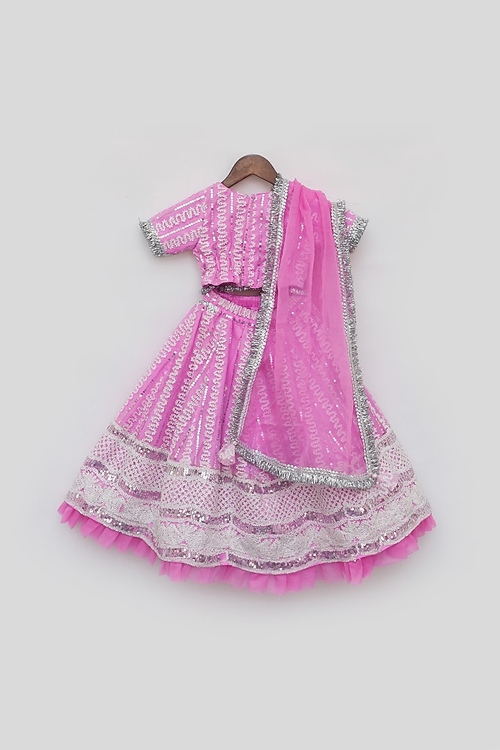 Hot Pink Net Embroidered Frill Lehenga Set For Girls by Fayon Kids at Pernia's Pop Up Shop