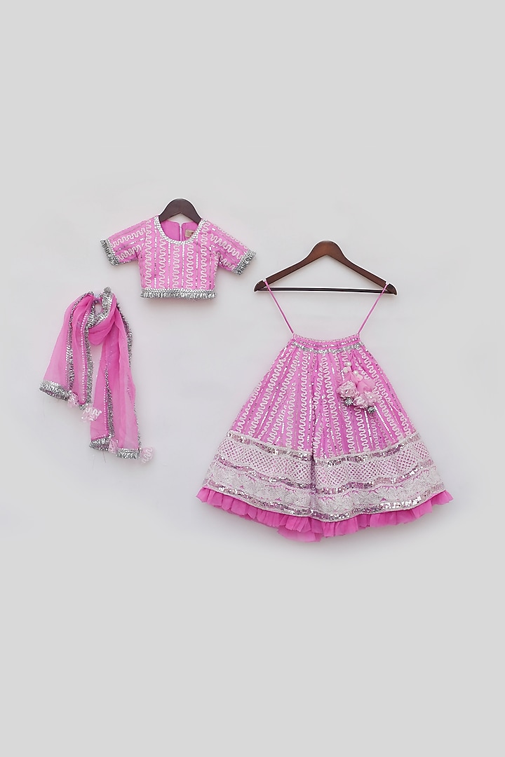 Hot Pink Net Embroidered Frill Lehenga Set For Girls by Fayon Kids at Pernia's Pop Up Shop