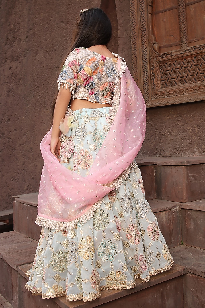 Multi-Colored Georgette Hand Embroidered Lehenga Set For Girls by Fayon Kids at Pernia's Pop Up Shop