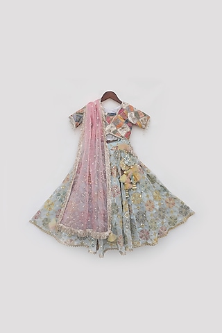 Multi-Colored Georgette Hand Embroidered Lehenga Set For Girls by Fayon Kids