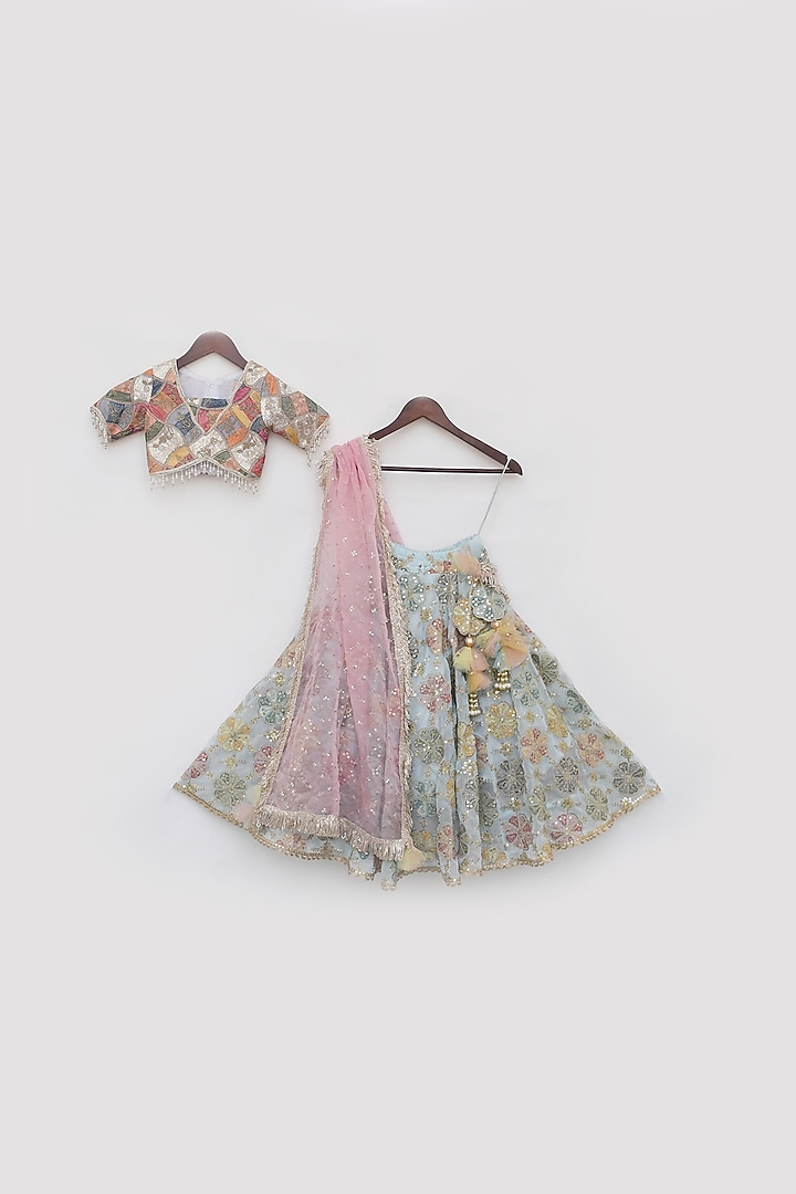 Multi-Colored Georgette Hand Embroidered Lehenga Set For Girls by Fayon Kids at Pernia's Pop Up Shop