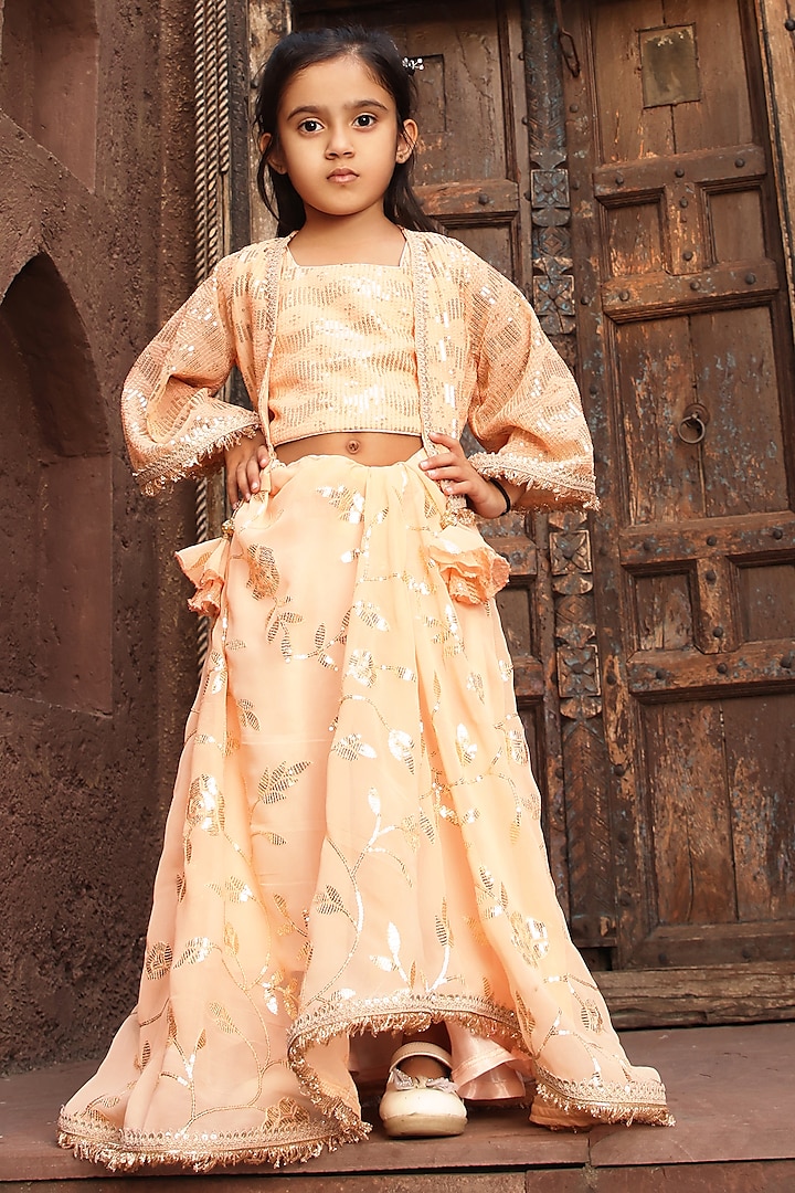 Peach Georgette Embroidered Jacket Lehenga Set For Girls by Fayon Kids at Pernia's Pop Up Shop