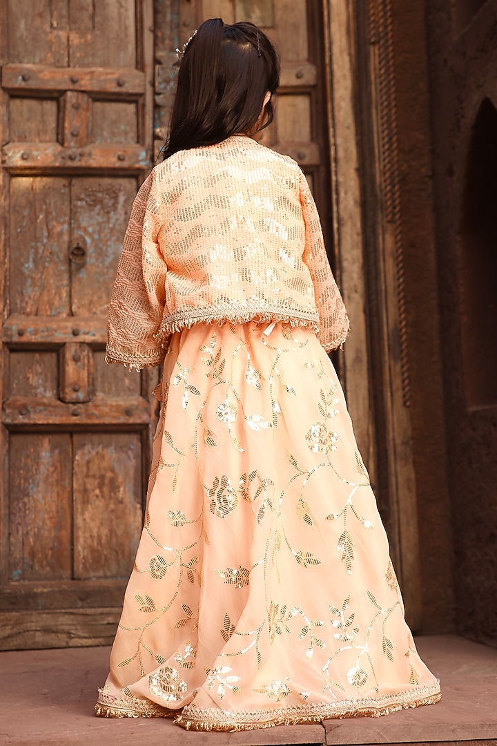 Peach Georgette Embroidered Skirt Set For Girls by Fayon Kids at Pernia's Pop Up Shop