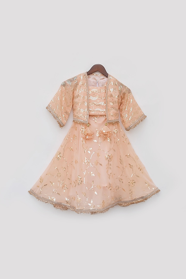 Peach Georgette Embroidered Skirt Set For Girls by Fayon Kids at Pernia's Pop Up Shop