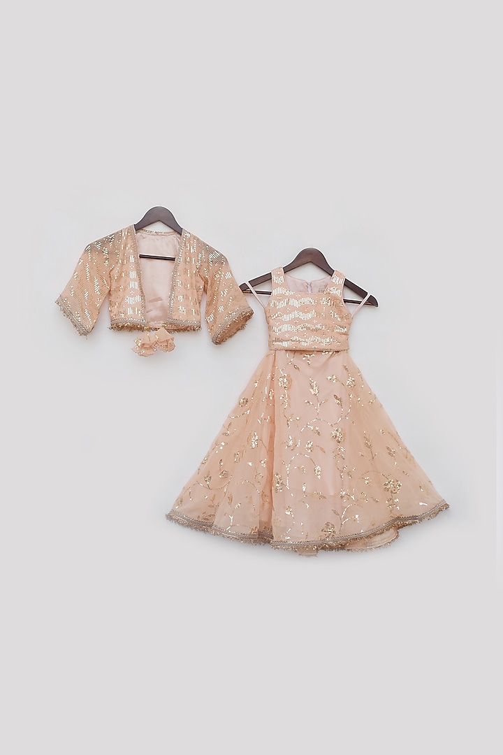 Peach Georgette Embroidered Skirt Set For Girls by Fayon Kids at Pernia's Pop Up Shop