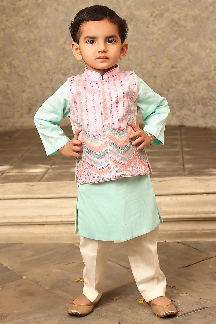 Pink Glace Cotton & Net Nehru Jacket Set For Boys by Fayon Kids