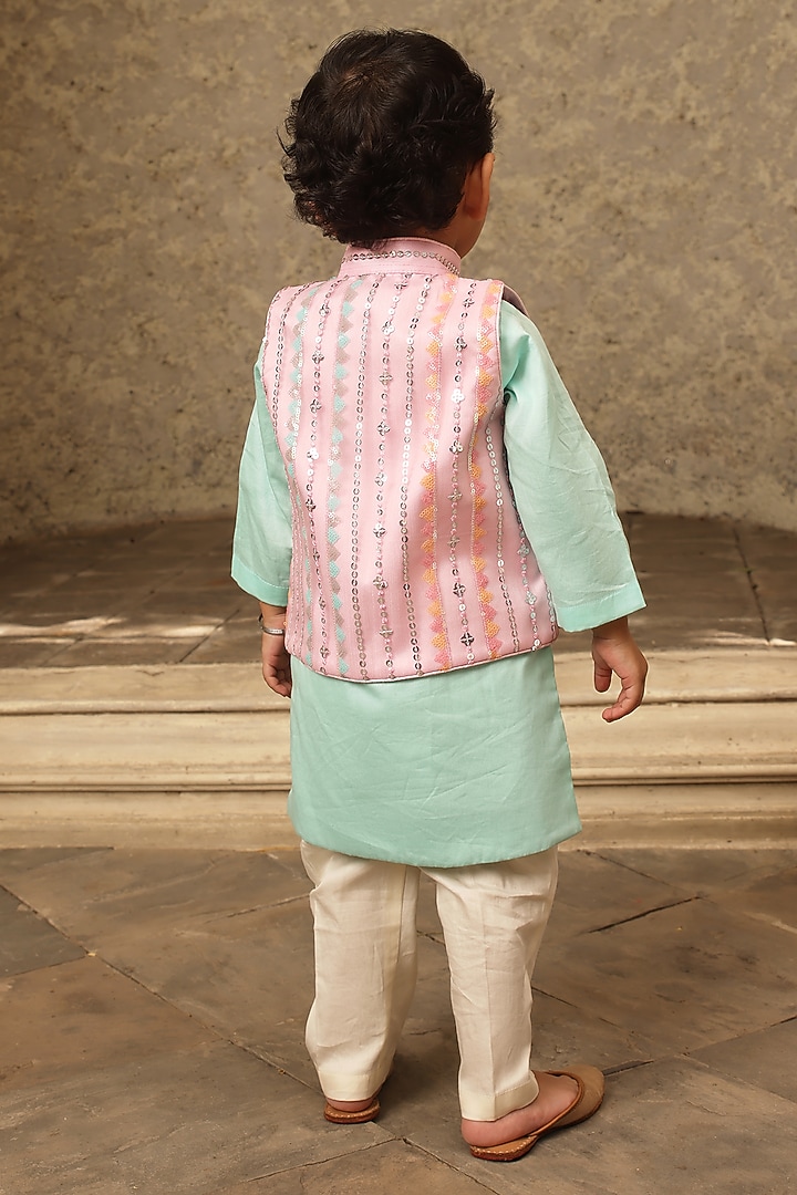 Pink Glace Cotton & Net Nehru Jacket Set For Boys by Fayon Kids at Pernia's Pop Up Shop