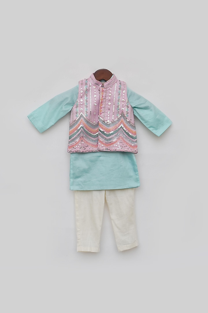 Pink Glace Cotton & Net Nehru Jacket Set For Boys by Fayon Kids at Pernia's Pop Up Shop