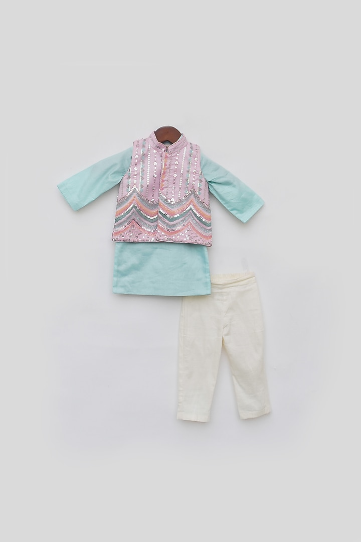Pink Glace Cotton & Net Nehru Jacket Set For Boys by Fayon Kids at Pernia's Pop Up Shop