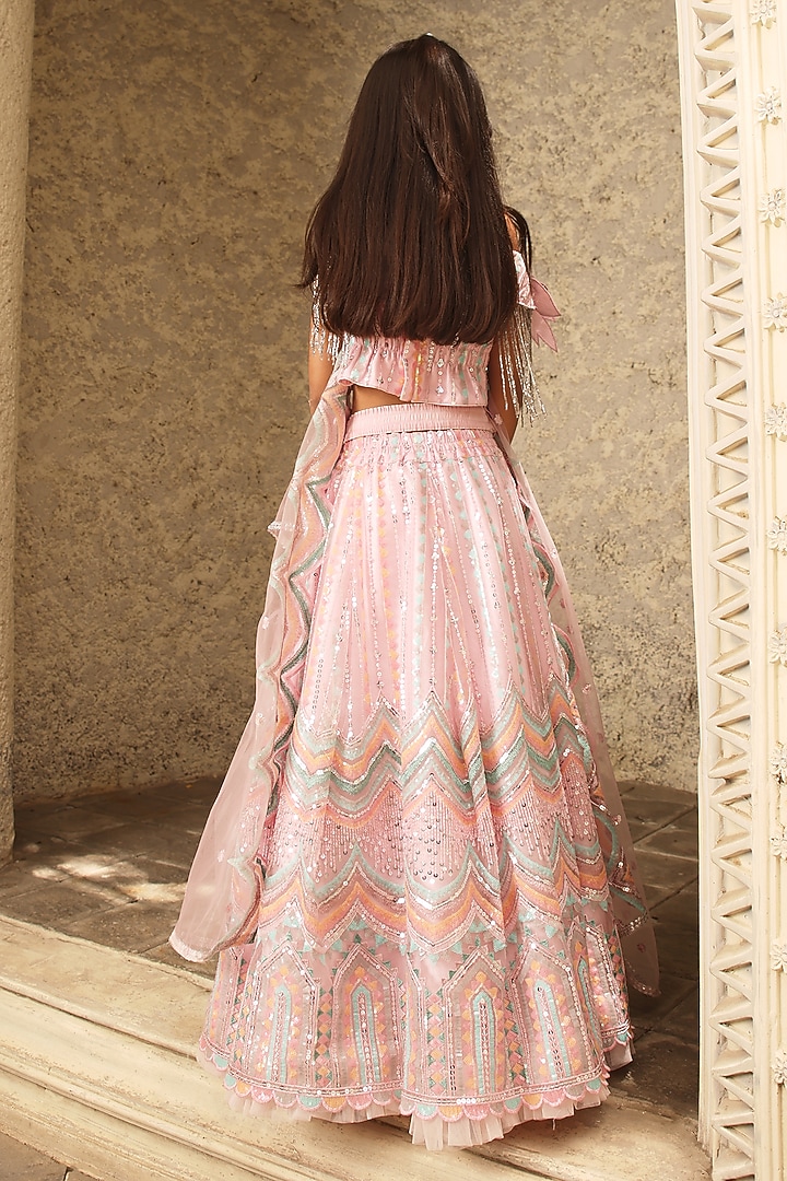 Pink Net Embroidered Lehenga Set For Girls by Fayon Kids at Pernia's Pop Up Shop