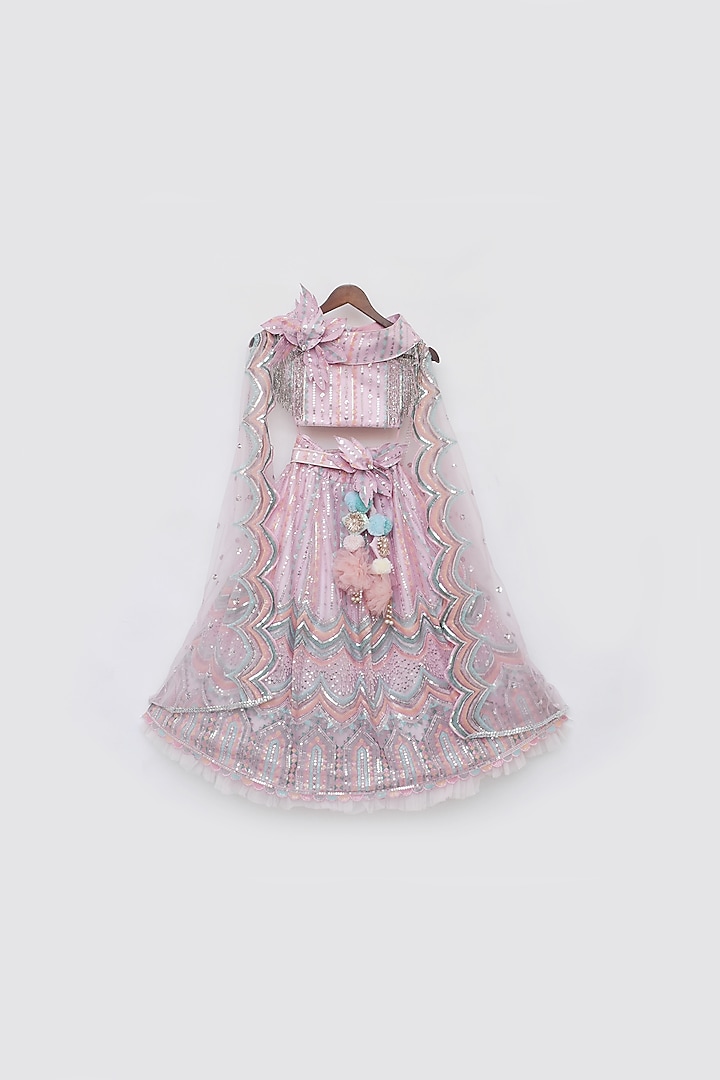 Pink Net Embroidered Lehenga Set For Girls by Fayon Kids at Pernia's Pop Up Shop