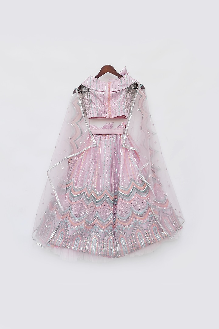 Pink Net Embroidered Lehenga Set For Girls by Fayon Kids at Pernia's Pop Up Shop