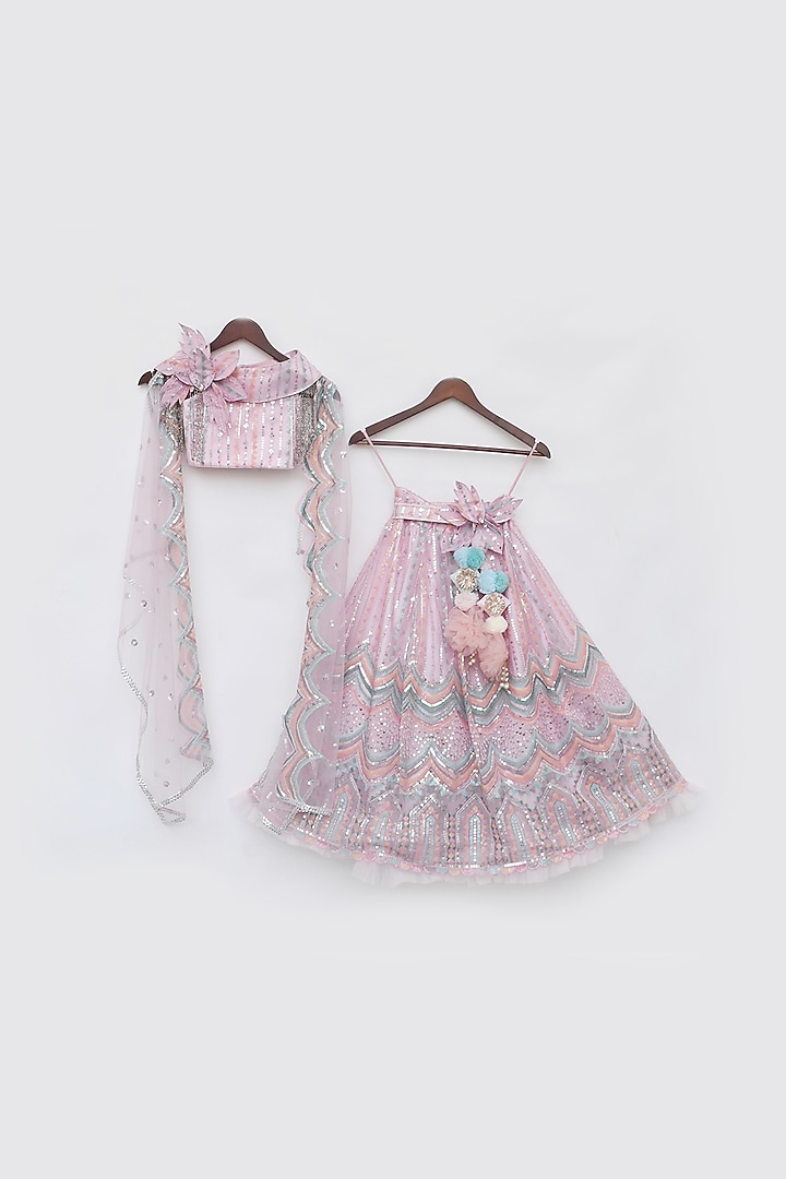 Pink Net Embroidered Lehenga Set For Girls by Fayon Kids at Pernia's Pop Up Shop