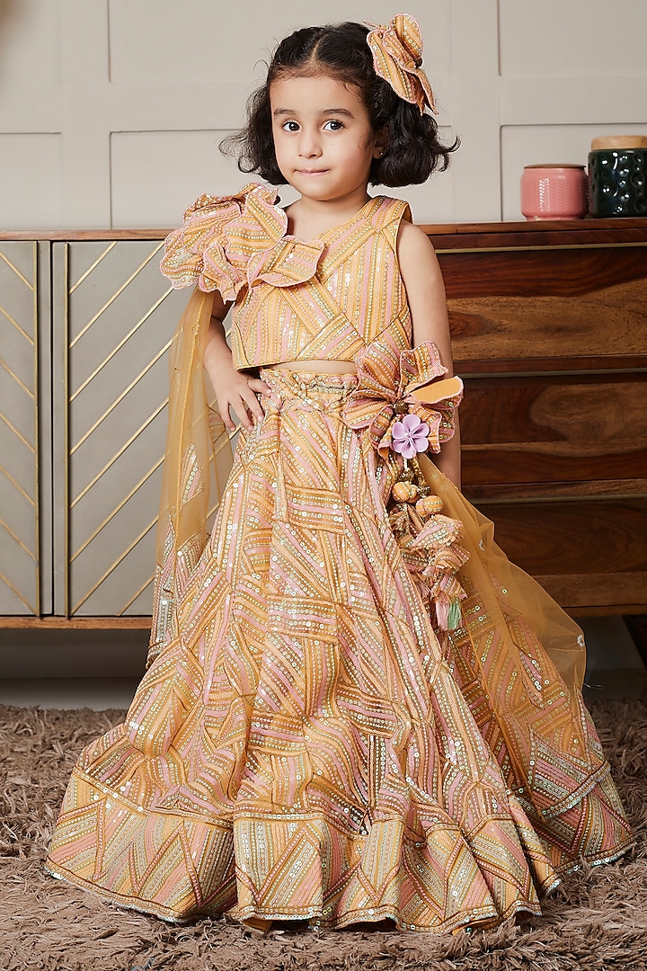 Mustard Net Embroidered Lehenga Set For Girls by Fayon Kids at Pernia's Pop Up Shop