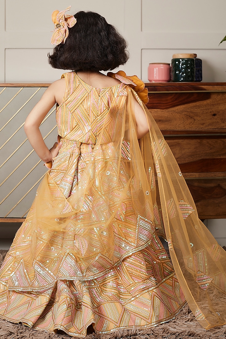 Mustard Net Embroidered Lehenga Set For Girls by Fayon Kids at Pernia's Pop Up Shop